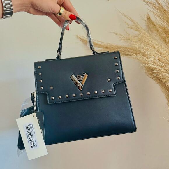 NEW ORLANDI VALENTINO Black Gunmetal Silver Stud Studded Crossbody Bag Purse - Picture 1 of 15